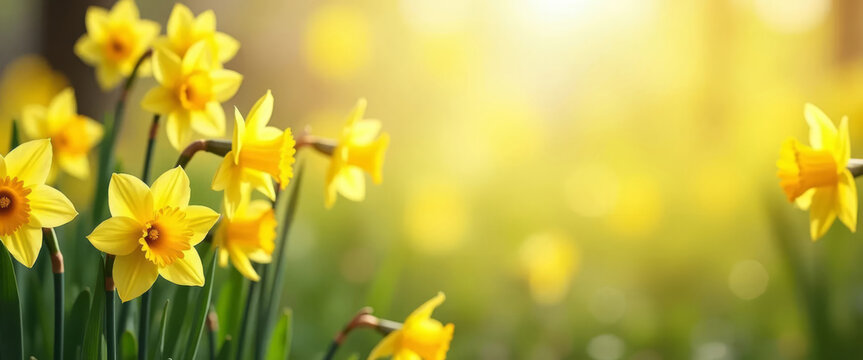 Yellow daffodils on a green meadow in springtime. Floral banner for spring holidays.