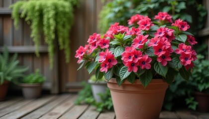Pink flowers in terracotta pot on wooden deck. Use Floral display for home decor, gardening, or social media
