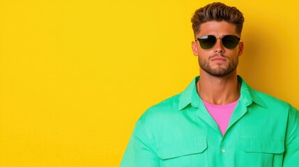 Fototapeta premium Man in sunglasses, green shirt, yellow background