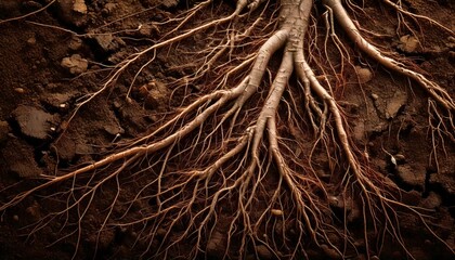 A dense network of roots emerging from the ground, with cracks and soil particles