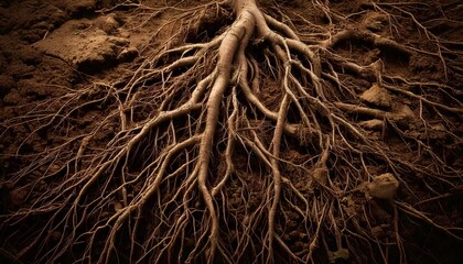 A dense network of roots emerging from the ground, with cracks and soil particles