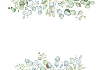 Top and bottom floral frame made of eucalyptus leaves. Botanical and elegant border. Perfect for wedding invitations, anniversary cards, business announcements, greeting cards, and romantic postcards. © Лариса Хамукова