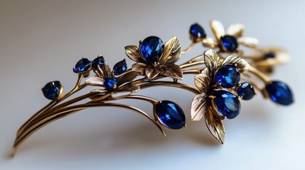 A golden hairpin with sapphire embellishments, resting on a smooth ivory background