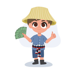 cartoon farmer holding cash fan and giving thumbs up in a joyful and successful