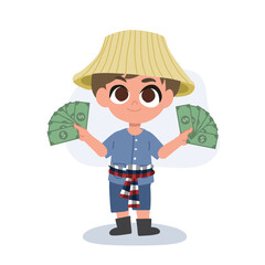 happy cartoon farmer holding cash fan with both hands full of money
