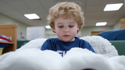 Fototapeta premium Toddler reading book in a daycare setting