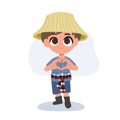 cute cartoon farmer making a heart hand gesture