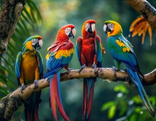 loros de colores llamativos en una rama en un bosque tropical.
