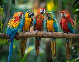 loros de colores llamativos en una rama en un bosque tropical.