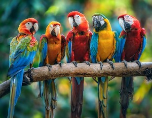 loros de colores llamativos en una rama en un bosque tropical.