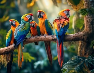 Obraz premium loros de colores llamativos en una rama en un bosque tropical.