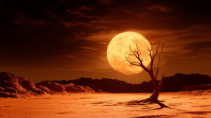 Desert Moonrise: A solitary dead tree stands silhouetted against a massive, fiery orange full moon rising over a desolate desert landscape. The scene evokes a sense of mystery and solitude.