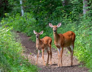 cervatillo de color marrón claro, con manchas blancas visibles en su pelaje. El cervatillo está de pie sobre un camino de tierra,