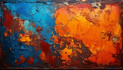 A detailed close-up of peeling paint revealing rust and rough layers