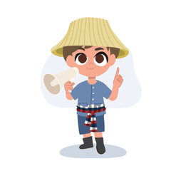 Adorable cartoon farmer making an announcement with megaphone