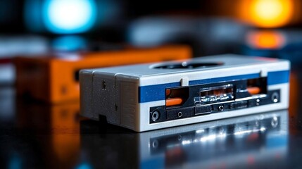 Vintage Cassette Tape With White Body Blue Stripe and Orange Details