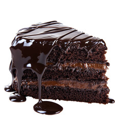 Isolated Slice of Dark Chocolate Cake with Cream and Fudge