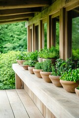 Fototapeta premium Lush green garden terrace with potted plants arranged on a wooden balcony exuding tranquility nature integration and outdoor living inspiration
