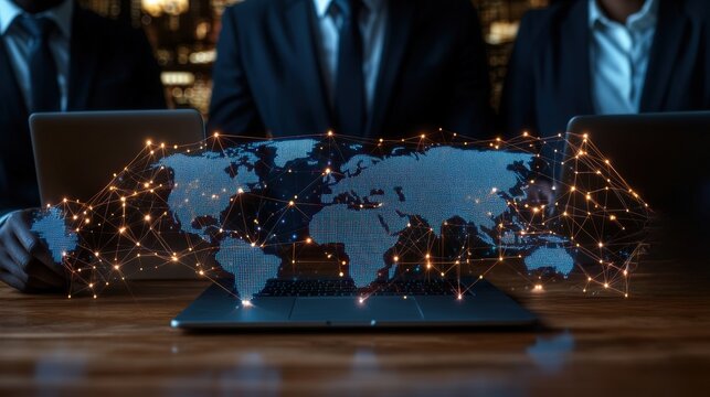 Business professional in suit holding laptop displaying world map with data processing imagery in background