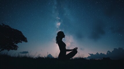 Fototapeta premium A graceful figure in meditative pose, silhouetted against the striking night sky, enjoying a serene moment and reflecting the connection between mind, body, and the universe.