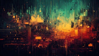 Fototapeta premium A futuristic grunge texture with glitch effects, pixelated patterns, and distorted layers.