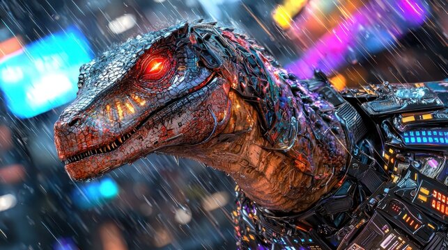 Futuristic velociraptor in neon biomechanical armor stands on rainy rooftop in cyberpunk city - Powered by Adobe