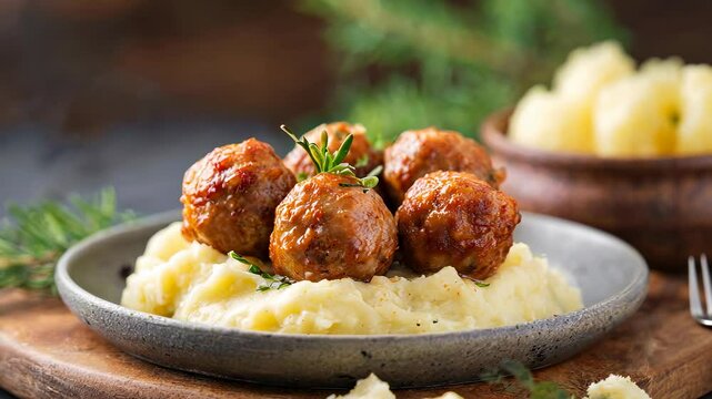 Juicy meatballs resting on a bed of creamy mashed potatoes, garnished with fresh rosemary.