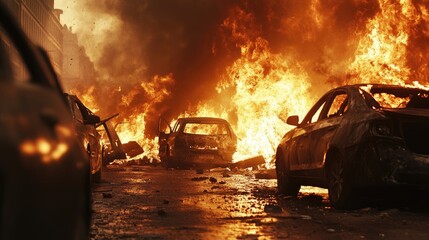 Burning barricades and overturned cars as riot police attempt to control a violent street protest.