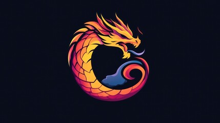 Obraz premium Vibrant Dragon curled, head up on dark backdrop for design and illustration