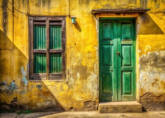Hoi An Vietnam: Rustic Green Wooden Door and Window on Yellow Wall - Stock Photo