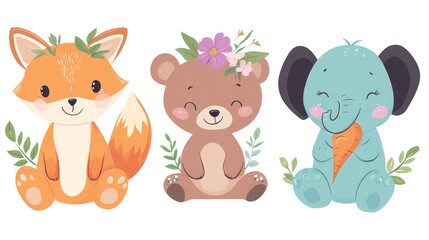 Naklejka premium Cartoon baby animals with flowers for kids illustration, nursery art, or print on a white background