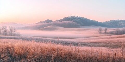 Misty Sunrise Over Gentle Hills, Pastel Pink and Lilac Watercolor Landscape, Serene Rural Scene