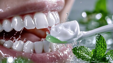 Close-up of pristine smile with toothbrush applying minty toothpaste and refreshing water droplets