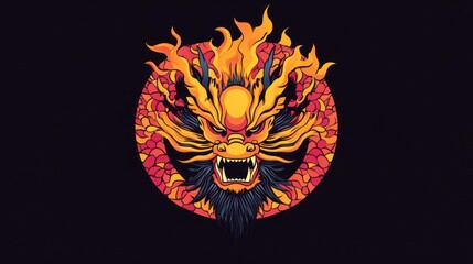 Fiery dragon head centered in a dark background, suitable for mystical or gaming themes