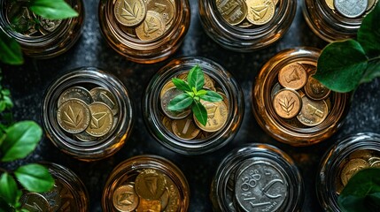 Coins in jars with plant, savings growth concept, dark background