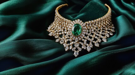 Fototapeta premium A gold choker set with an oval emerald centerpiece, artistically draped over a smooth velvet fabric