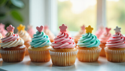 Colorful cupcakes with swirled frosting and decorative toppers
