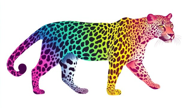 Rainbow Leopard Walking, White Background, Wildlife Art, Print Design