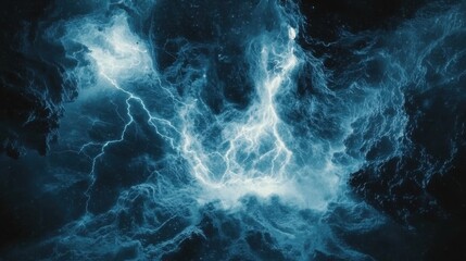 A cosmic storm swirling in deep space, with electric blue lightning arcs.