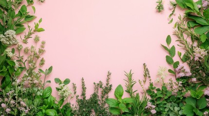 Fototapeta premium Fresh herbs arranged to create a border around pink background