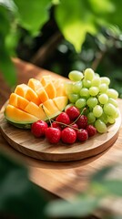 A wooden plate holding a fruit arrangement of cantaloupe, cherries, and green grapes under natural light.