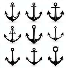 Collection of Nine Nautical Anchors:  Diverse Designs, Classic Style, Vector Graphics, Perfect for Maritime Themes, Nautical Projects, and Graphic Designs.