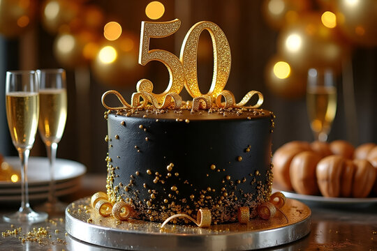 A stylish and sophisticated birthday cake for a 50th birthday, set on a reflective silver cake stand. The cake is covered in black fondant with gold accents, including a shimmering number "50" topper.