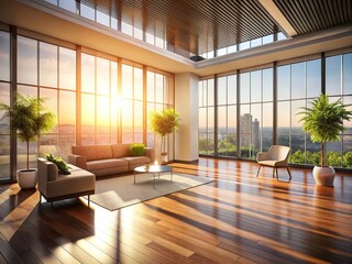 Fototapeta premium Minimalist Empty Room Sunlight Shadows Large Windows Modern Interior Design