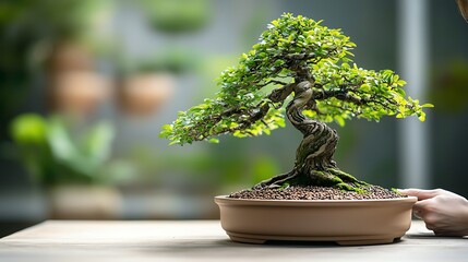 A bonsai tree with lush green foliage sits in a pot, emphasizing artistry and nature in a serene indoor setting.