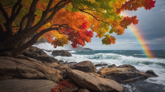 A vibrant autumn scene with a rainbow over rocky shores and colorful foliage. - Powered by Adobe