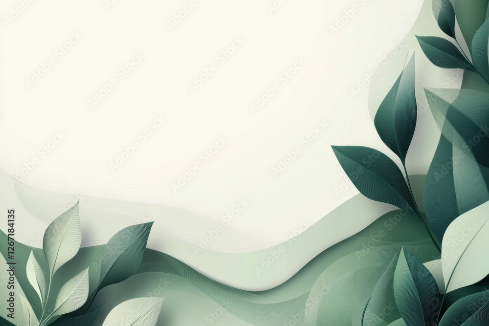 Poster Abstract composition of green leaves and soft curves on a light background. Generative AI
