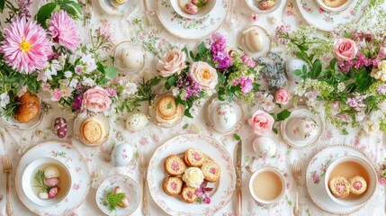 charming Easter themed tea party with floral decorations, pastries, and tea creates delightful and festive atmosphere. table is adorned with elegant china, colorful flowers, and decorated eggs. 