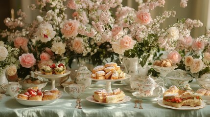 charming Easter themed tea party with friends features beautifully set table adorned with floral arrangements, delicate china, and array of pastries and sandwiches, creating inviting and festive