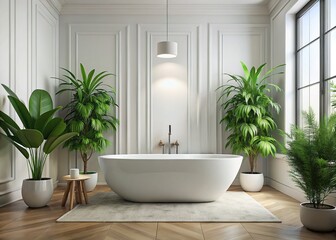 Fototapeta premium Minimalist White Bathroom with Freestanding Tub & Potted Plant - Clean, Modern Spa-Like Design